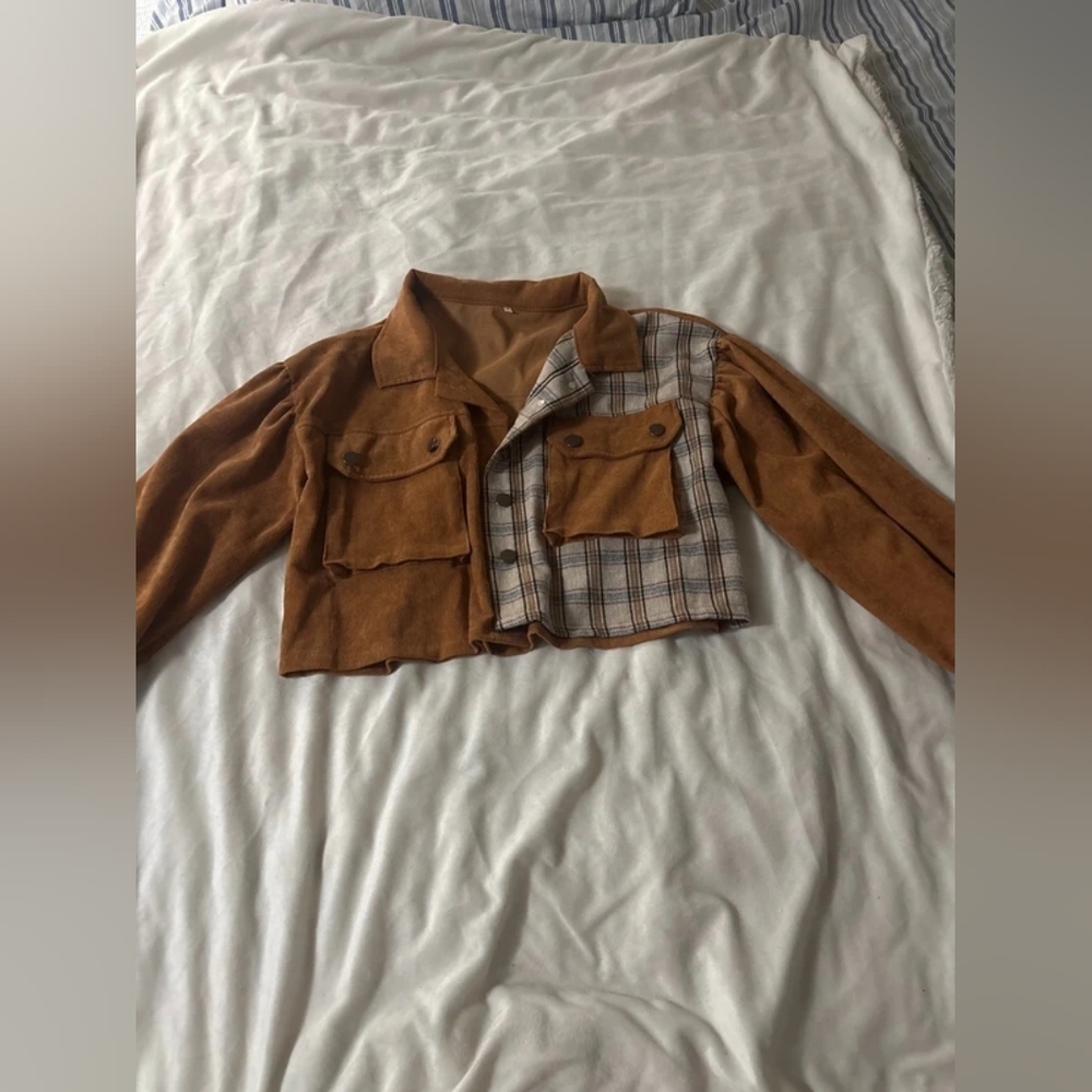 Cropped Suede-Look Patch Pocket Jacket with Plaid Panel - Brown
